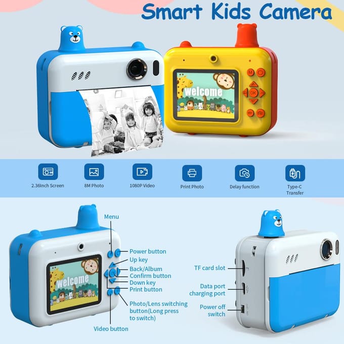 Kinderen Instant Print Camera Kindercamera 1080P Digitale Camera voor Kinderen 2,36 Inch IPS Scherm Dubbele Lens geel