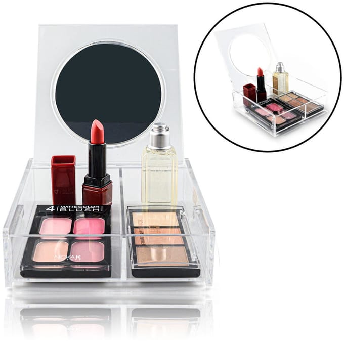 Make up Organizer met 2 Vakken & Make-up Spiegel - Makeup Organizer Transparant - Sieraden - Cosmetica - Opbergdoos