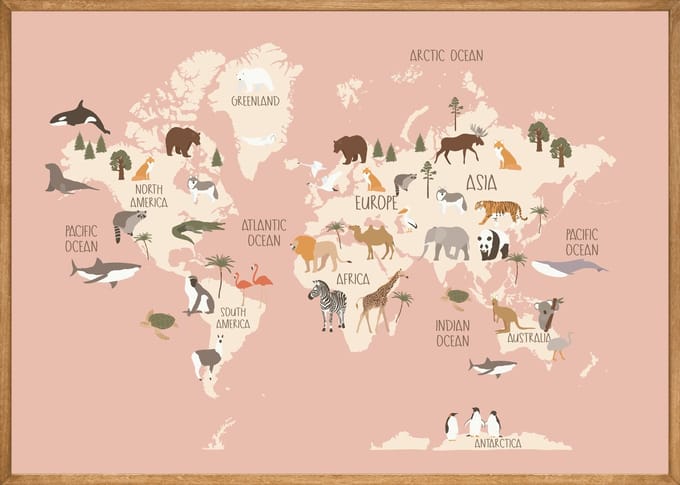Wereldkaart Dieren Roze Poster - 40x50 cm