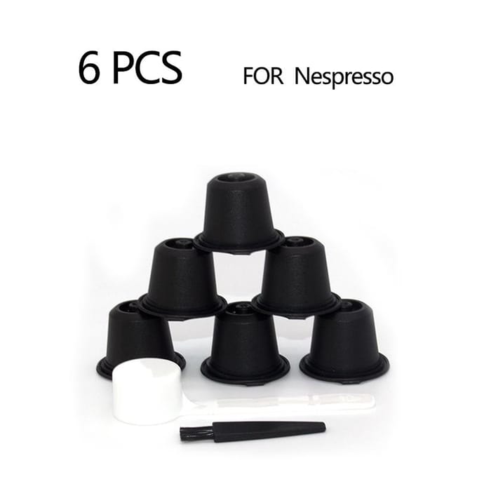 Lot de 6 capsules de café Nespresso rechargeables et réutilisables avec cuillère et brosse L black