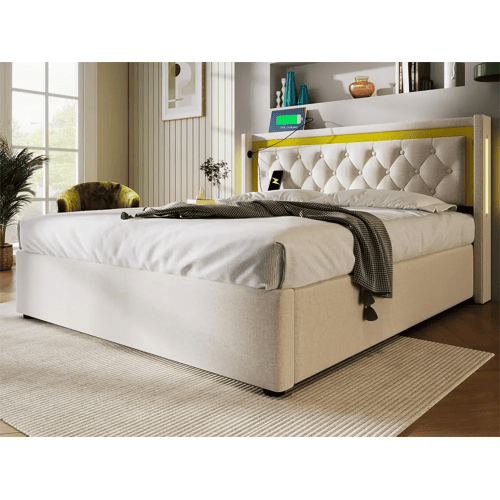 Merax Gestoffeerd opbergbed - 140 x 200 cm - met USB Type C stopcontact en LED's - lattenbodem - kleur beige