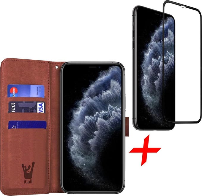 Hoesje geschikt voor iPhone 11 Pro Max - Bruin Book Cover Kunstleer Wallet + Screenprotector Glas FullGuard