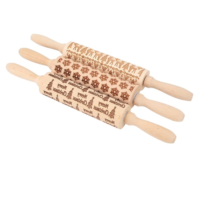 3 stuks Houten Reliëf Deegroller Schattig Kerstpatroon Gegraveerde Reliëf Deegroller voor Bakken beige