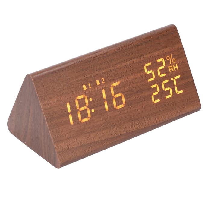 LED Digitale Wekker Multifunctionele Houten Klok met Spraakbesturing Luchtvochtigheid Temperatuur Week Tijd brown