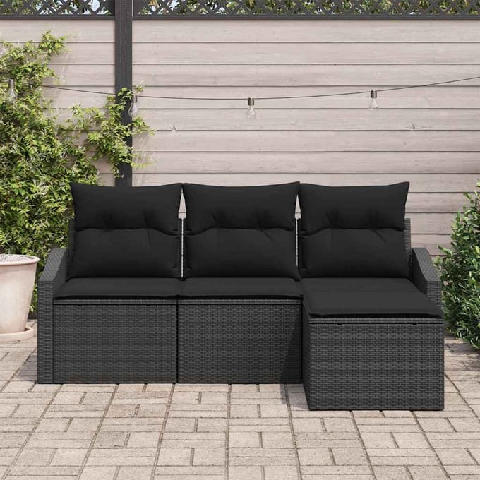 vidaXL Bankstel met kussen met opslag 4 pcs Zwart poly rattan