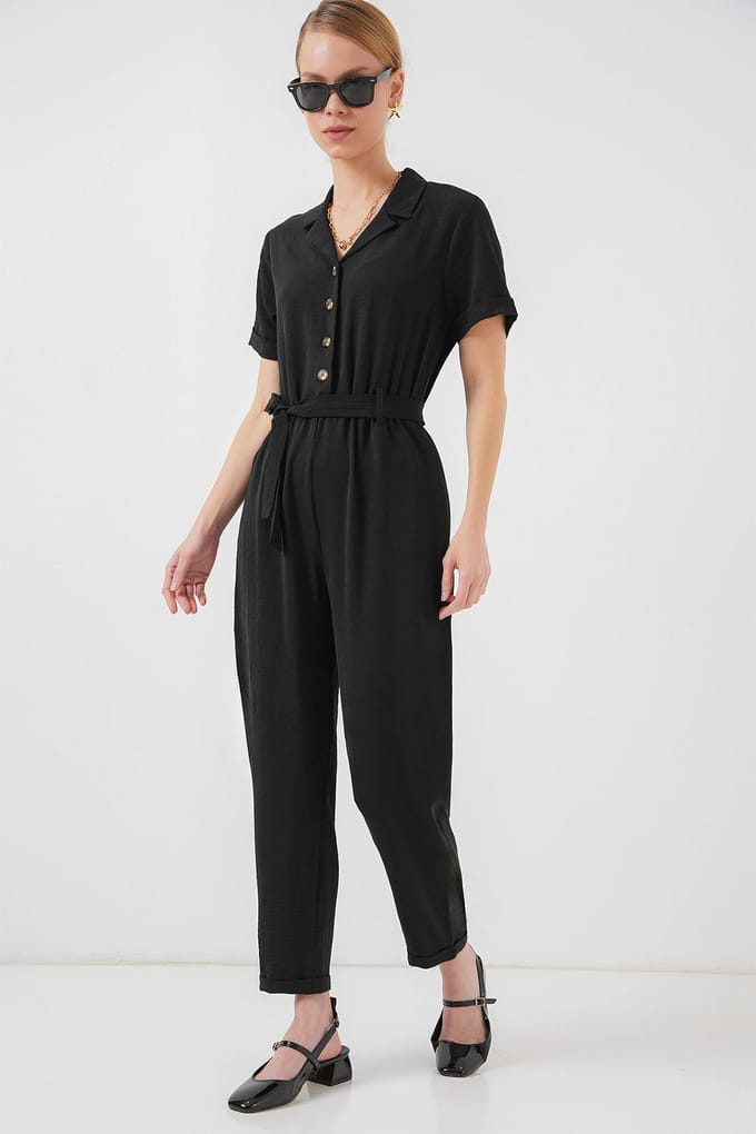 Effen Geweven Jumpsuit met Kraag en Strikdetail