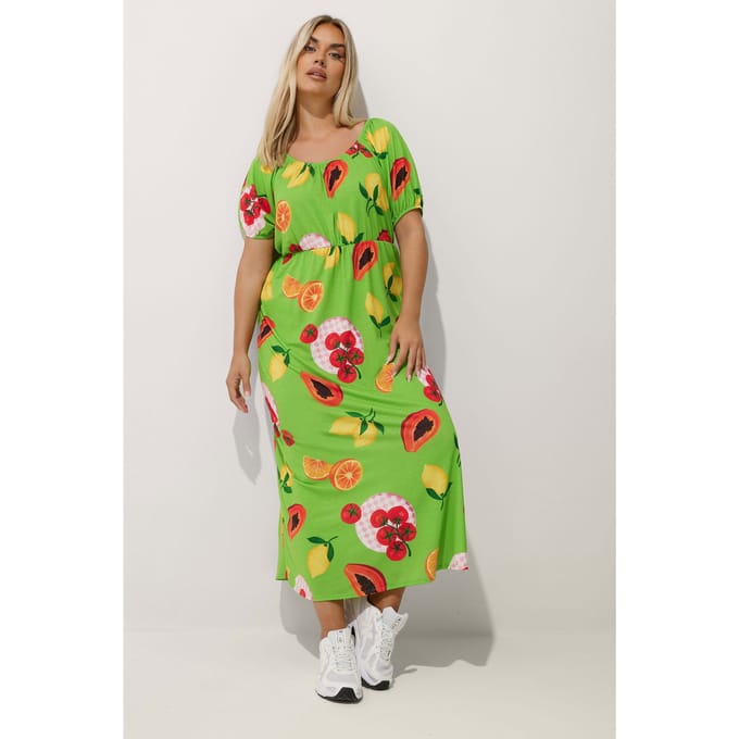 Limited Collection Groene Fruit Print Bardot Jurk Size 46