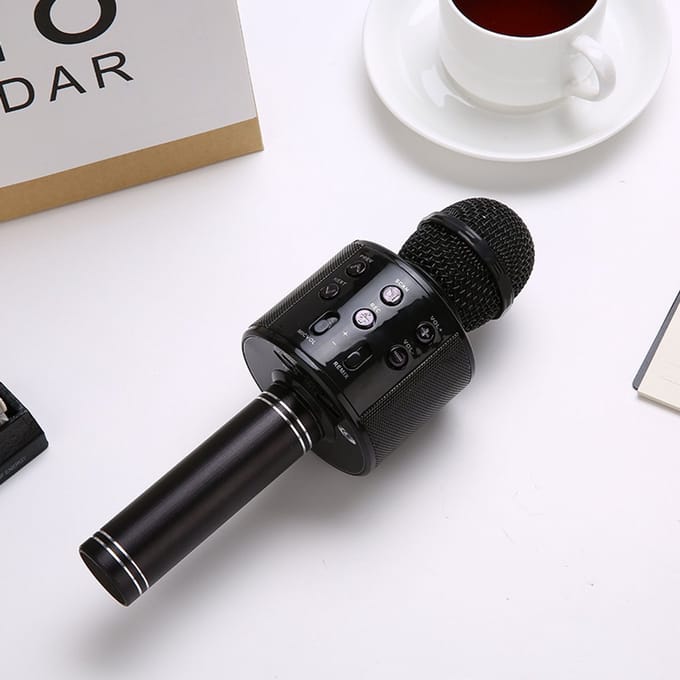 Zwarte draadloze Bluetooth-condensatormicrofoon, kinderzangmicrofoon, luidspreker, draadloze Bluetooth-karaokemicrofoon, draagbare handmicrofoon met luidspreker