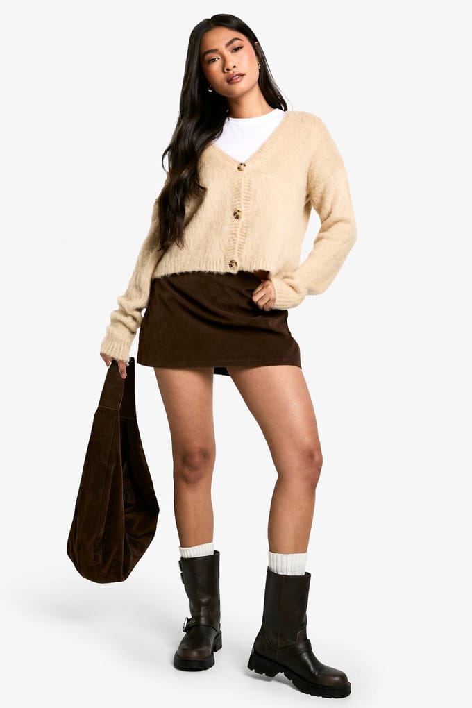 boohoo Dames Geborsteld gebreide cardigan met knoopdoorloop | Stone | Maat: Medium