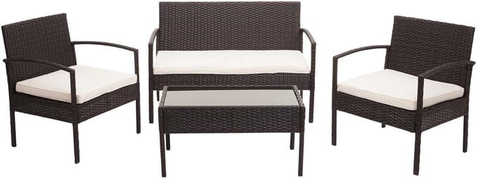 Poly-rattan set MCW-F56, balkon/tuin/lounge set zitgroep ~ bruin, crèmekleurige kussens
