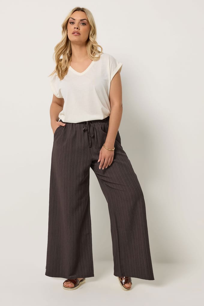Yours Bruine Getextureerde Broek Met Wijde Pijpen Size Short > 48