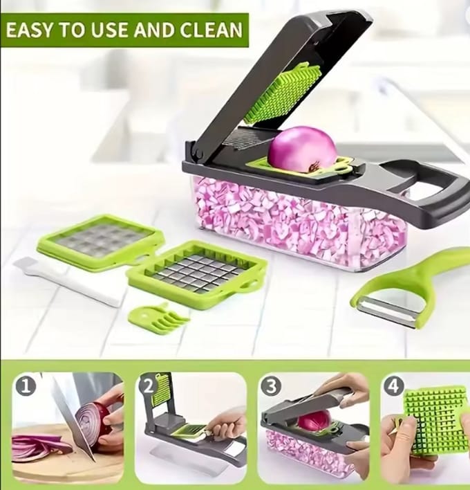 Multifunctionele Groentesnijder - 12-in-1 Mandoline & Hakker - Met Opvangbak - Grijs/Groen