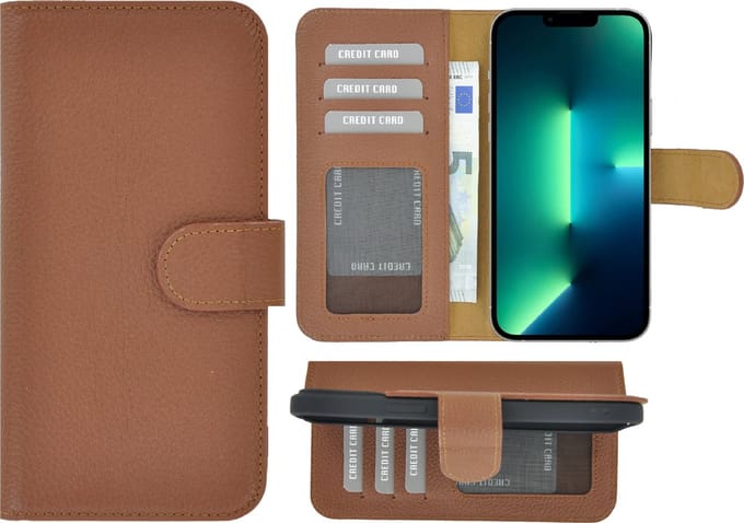 Geschikt voor iPhone 13 Pro Max Hoesje - Bookcase - Portemonnee Hoes Echt leer Wallet case Bruin