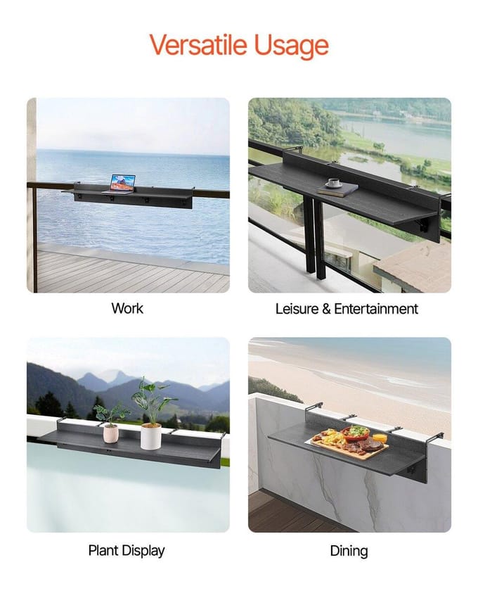 Table Suspendue de Balcon 12 x 48 po Table de Bar pour Garde-corps de Patio Pliable
