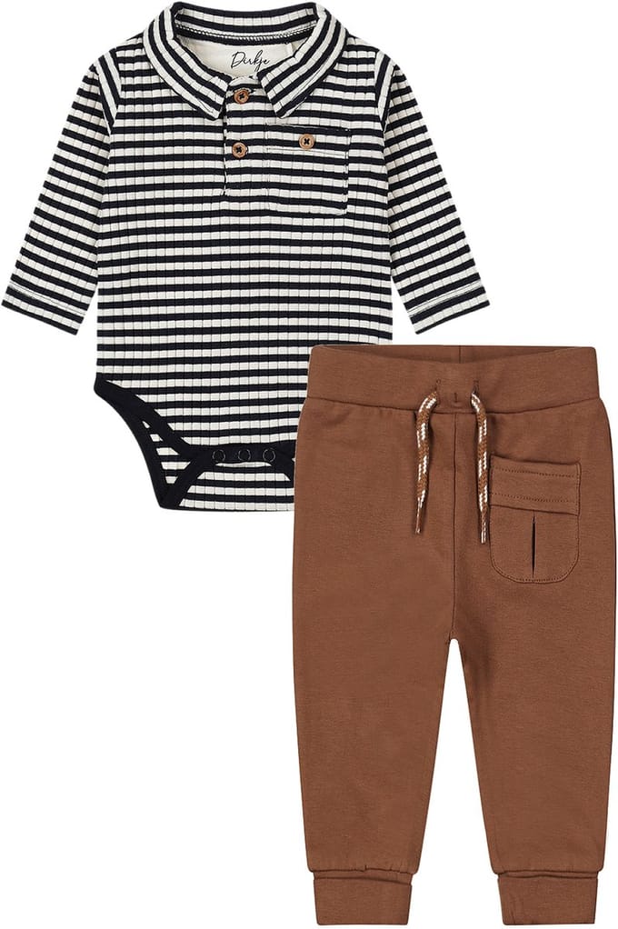 Dirkje - Basic Collection - BIO COTTON - Broekje jogging bruin met koord - Romper Shirt gestreept - Maat 68
