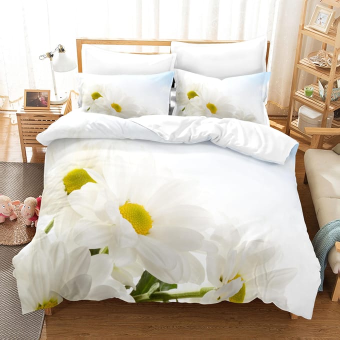 Housse de couette Chrysanthème Ensemble de literie Taille Queen Décor Élégant Housse de couette Pastorale+Taies d'oreiller Fleur Microfibre Douce EU single(135x200cm) beige