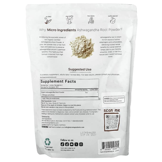 Micro Ingredients, Organic Ashwagandha Root Powder, 2 lb (907 g)