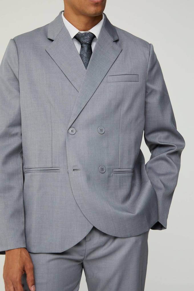 Textured Double Breasted Suit Jacket | Grey | Size 48