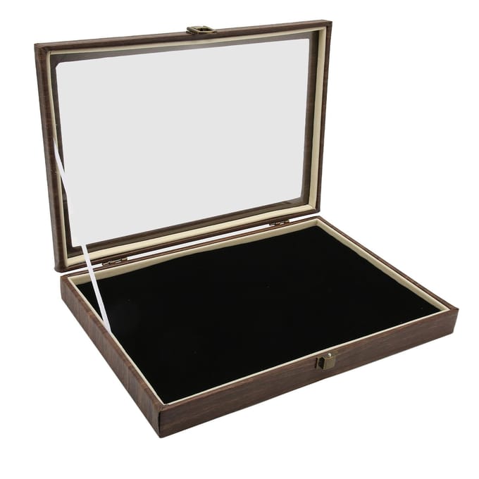 Spelden Vitrine Groot Zwart PU Leer Stofdicht Glas Veelgebruikte Munten Vitrine voor Sieraden brown