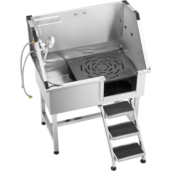 Baignoire pour toilettage de chien 96,5 cm Acier inoxydable avec escalier Robinet Pommeau de douche