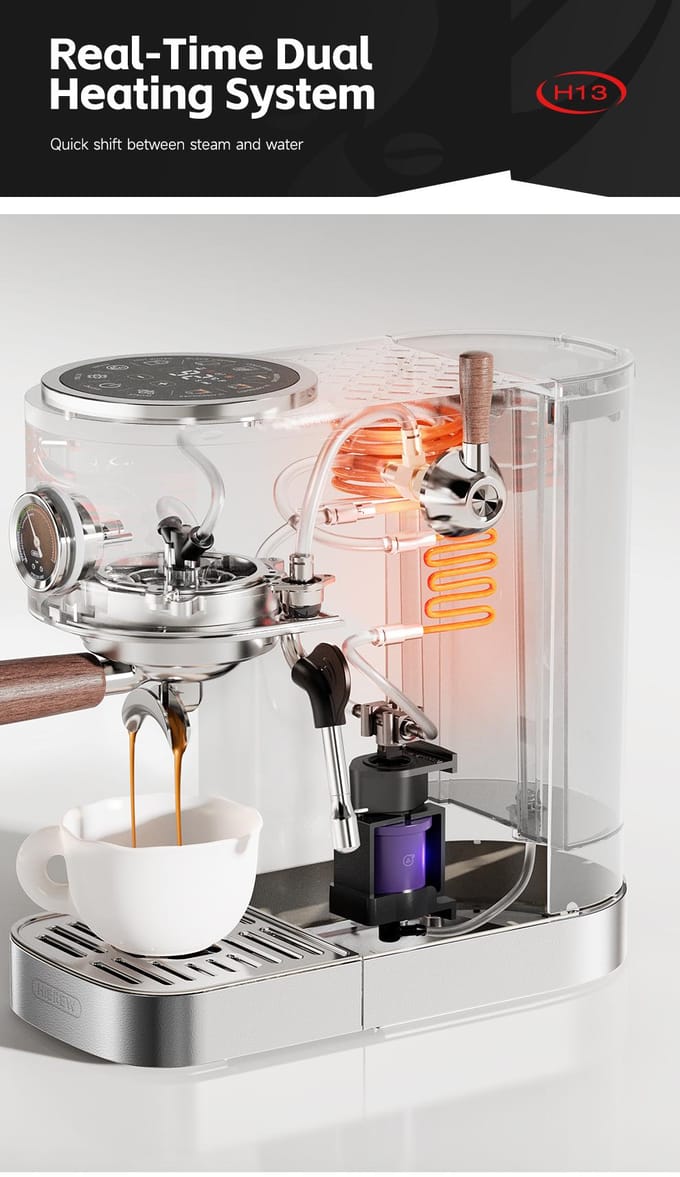 HiBREW H13 Semi-automatische Koffiemachine, Dubbel Boilersysteem met 20 Bar Pompdruk, Multifunctionele Zetmodi zilver