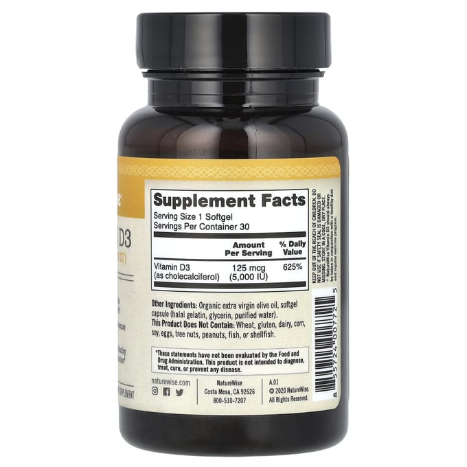 NatureWise, Vitamine D3, 125mcg (5.000 IE), 30 zachte capsules