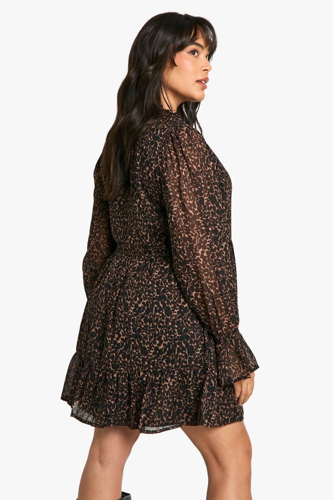 boohoo Dames Plus Animal Print Chiffon Smock-jurk | Leopard | Maat: 20