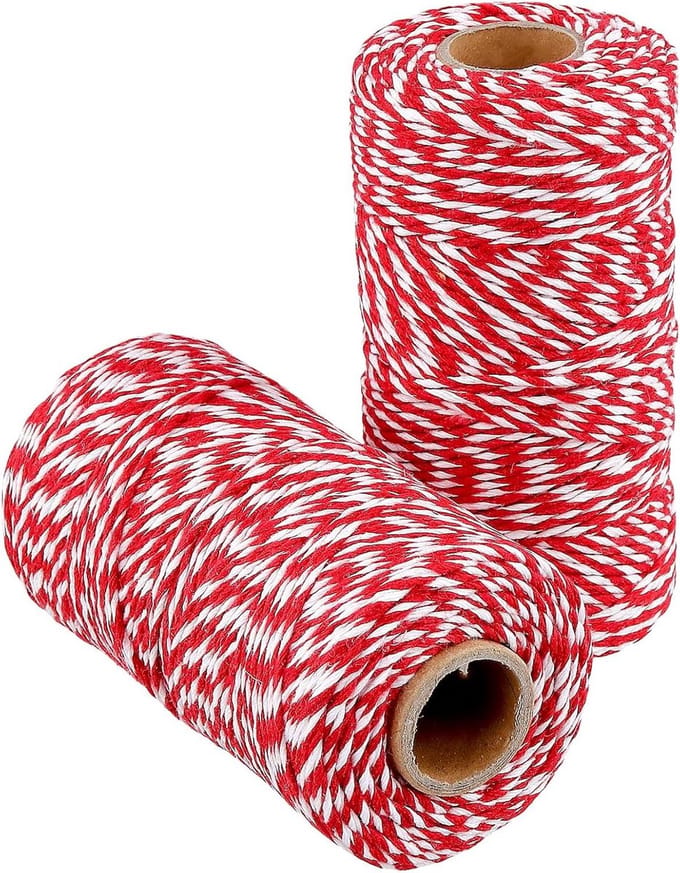 2 Rollen 100m Katoen Touw in Rood en Wit, 2mm Dikte voor Bakken, Trussen en Creatieve Projecten