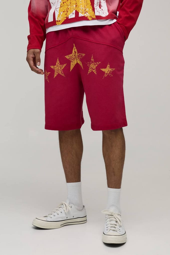 Baggy Fit Western Shorts Met Studs Van Loopback Jersey | Red | Size Medium