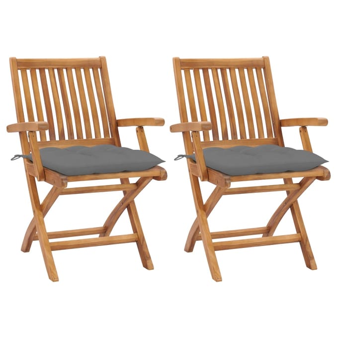vidaXL - Inklapbare - stoelen - 2 - st - met - grijze - kussens - massief - teakhout
