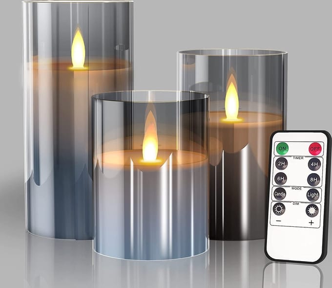 Nince LED Kaarsen met bewegende vlam - Set van 3 - Dimbaar - Timer - Afstandsbediening - Wax ledkaars - Grijs