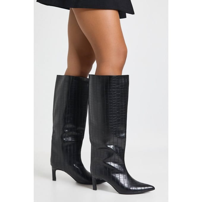 boohoo Dames Croc Column Spitse Kniehoge Hakkenlaarzen | Black | Maat: 4