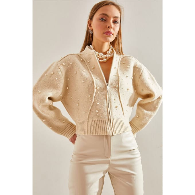 Parels Versierde Rits Crop Vest