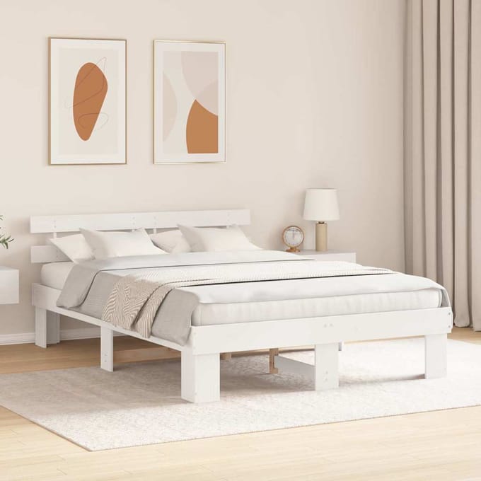 vidaXL - Bedframe - met - hoofdeinde - Wit - 150 - x - 200 - cm - Massief - grenenhout