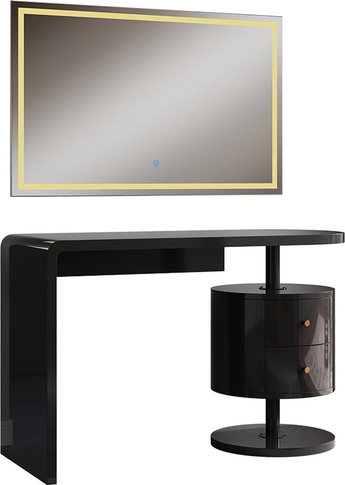 Vicco Kaptafel met licht Lara, Zwart hoogglans, 120 cm met LED-spiegel