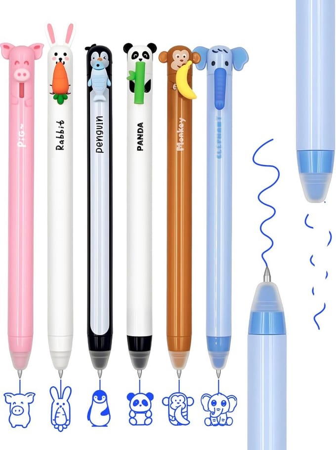 Set van 6 Uitwisbare Ballpennen met Diermotieven - 0.7mm Blauwe Inkt