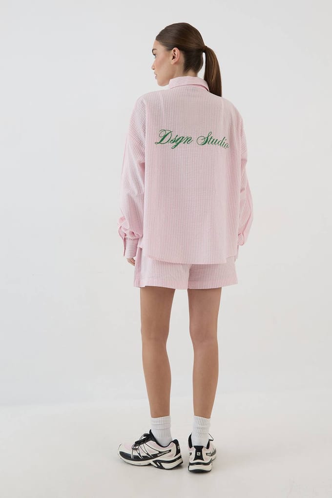 Dames Dsgn Studio Geborduurd Oversized Gestreept Shirt | Light Pink | Maat: Medium