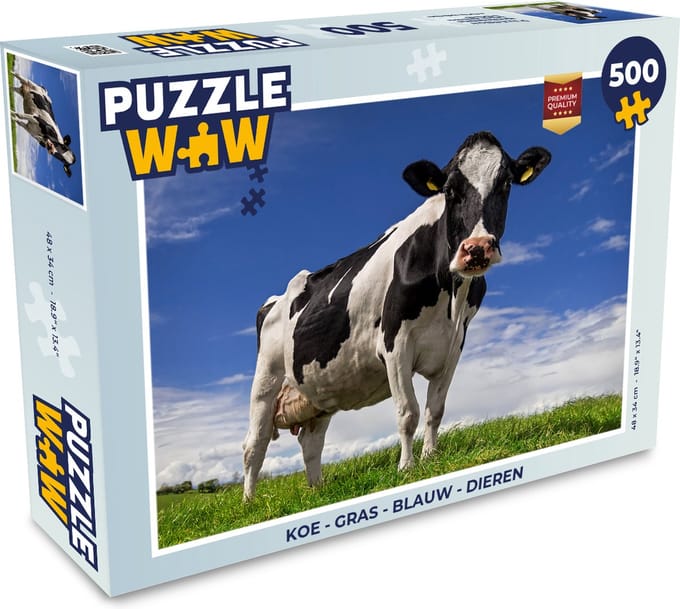 Puzzel Koe - Gras - Blauw - Dieren - Legpuzzel - Puzzel 500 stukjes