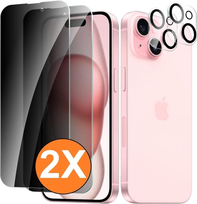 Privacy screenprotector Geschikt voor iPhone 15 Plus screenprotector Privacy Met iPhone 15 Plus camera lens - Complete bescherming voor iPhone 15 Plus scherm en camera in één set - 2X