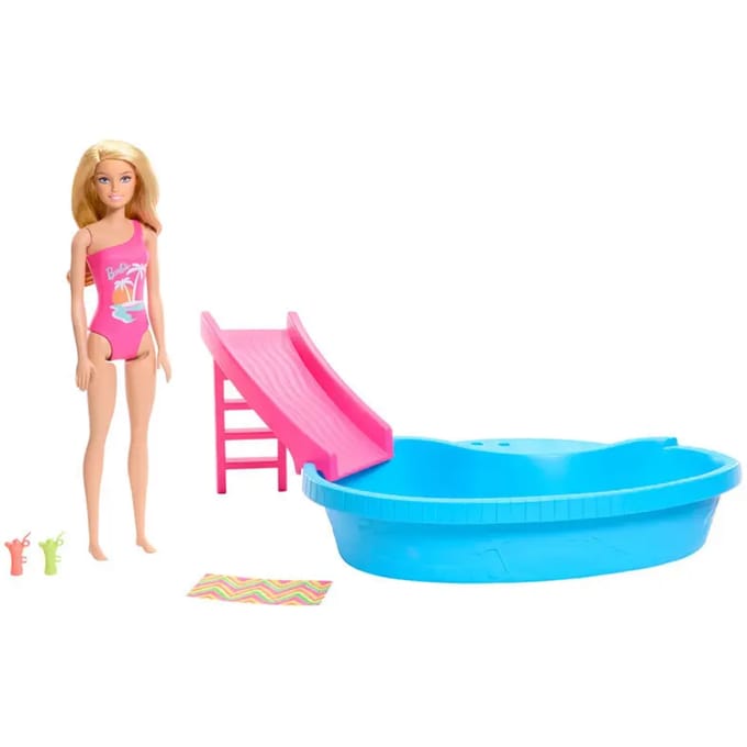 Barbie Doll And Pool Playset Blonde With Pool Slide Towel And Drink Accessories
