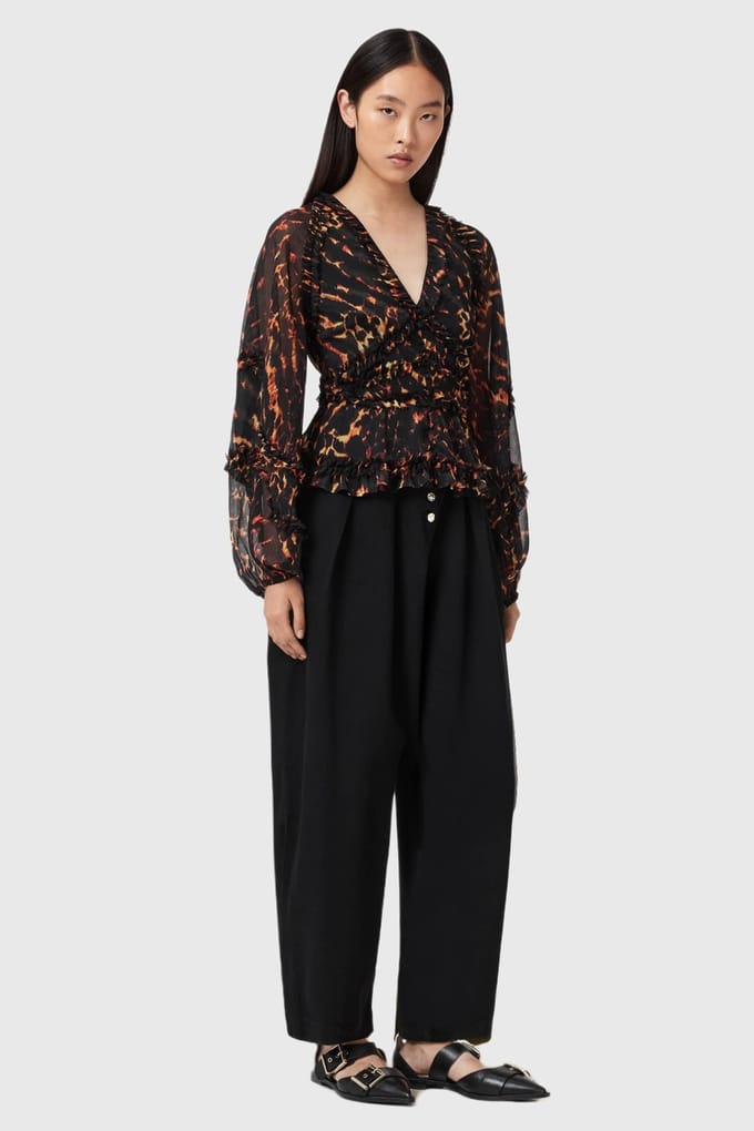 AllSaints Silvie Top Pardus Flame Brown Größe: 2 | Longsleeves Outlet | Damen | Braun