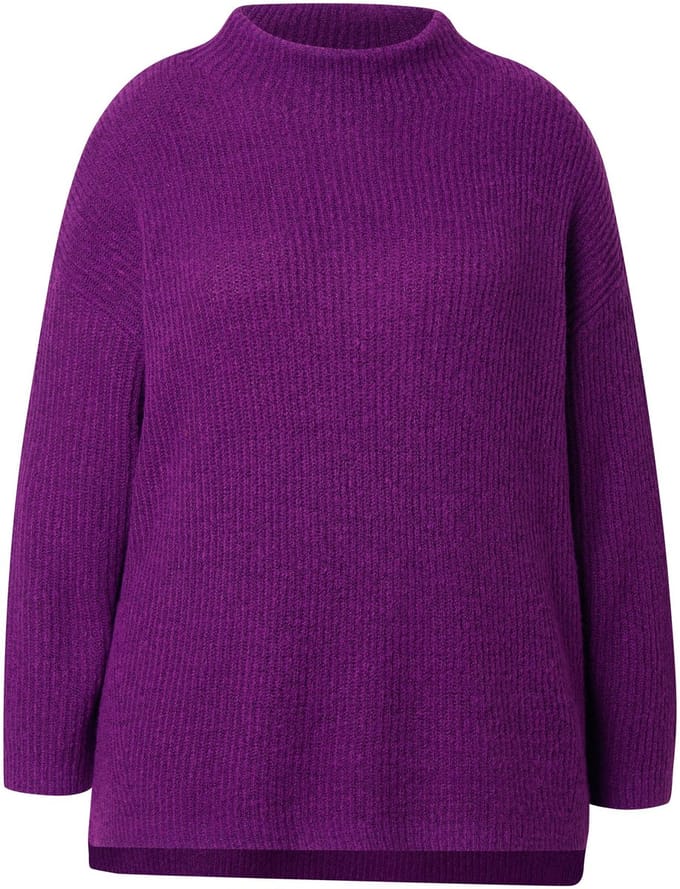 Ulla Popken - Dames - Coltrui geribbeld breisel oversized lange mouwen - Braambes - Maat 50+