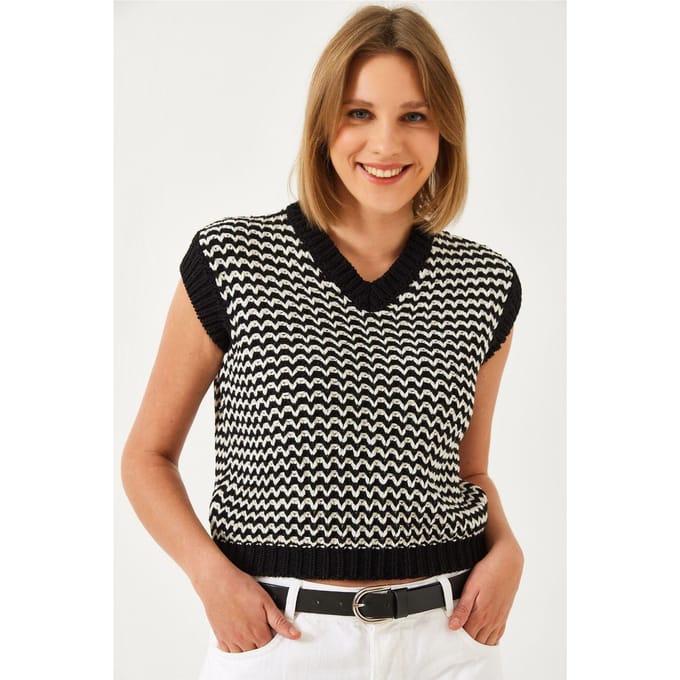 Zebra Patroon V-Hals Mouwloos Crop Sweater Vest