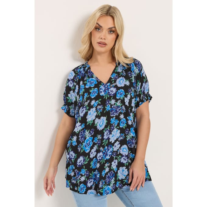 Yours Zwarte En Blauwe Bloemenblouse Met Notch Neck Size 48