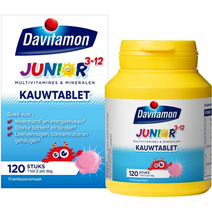 Davitamon - Junior 3+ Kauwvitamines Framboos - 4 x 120 kauwtabletten - Voordeelverpakking