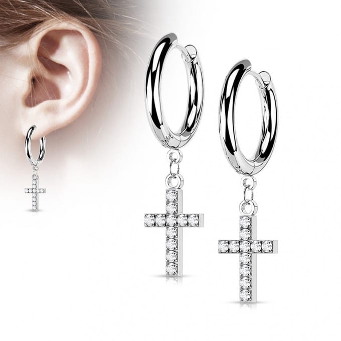 Oorbellen gemmed cross hanger 0.8x10 - zilver - LMPiercings
