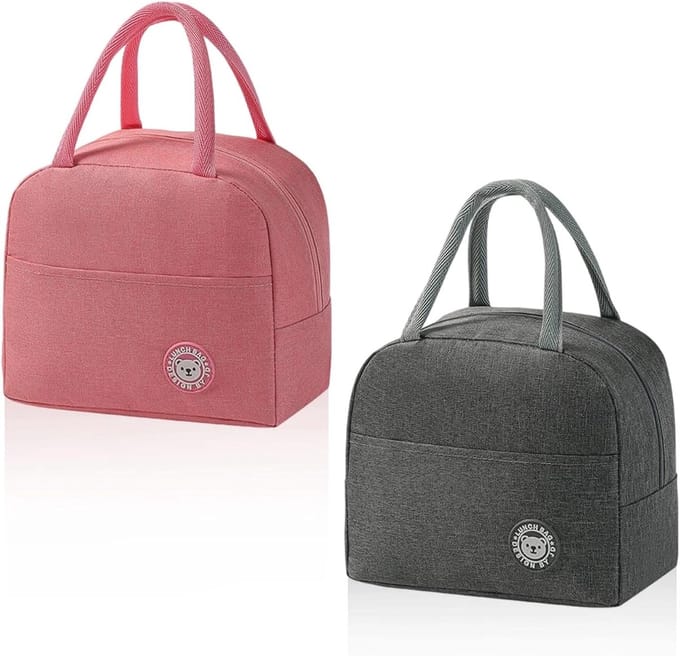 Koeltas Set - Mini Lunchtas - Eten Vers Houden - Dubbellaags Ontwerp - Compact Formaat - Grijs en Roze