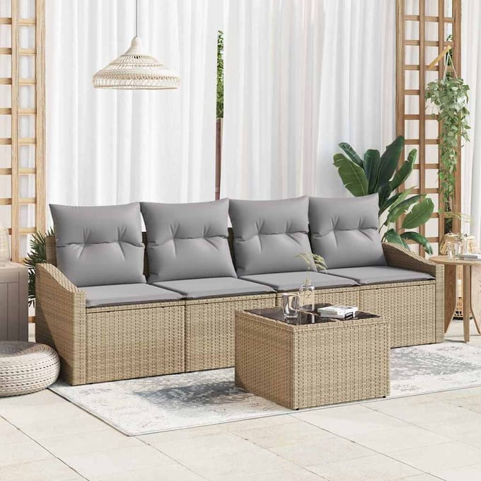 vidaXL Bankstel 5 st Beige en Licht Grijs poly rattan