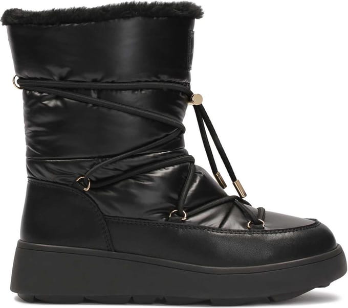 Ladies' black snow boots of grain leather and fabric