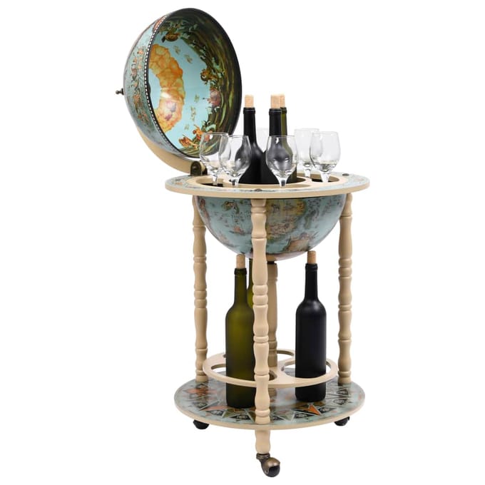 Wereldbol Bar met Flessenrek Eucalyptus Hout Blauw